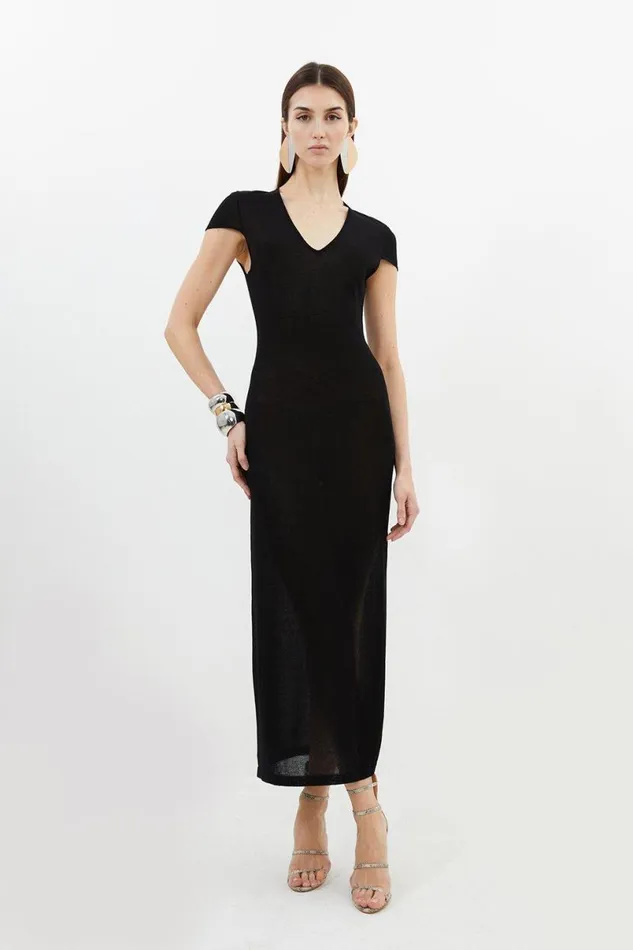 V Neck Cap Sleeve Summer Knit Column Dress Black Women Karen Millen Dresses