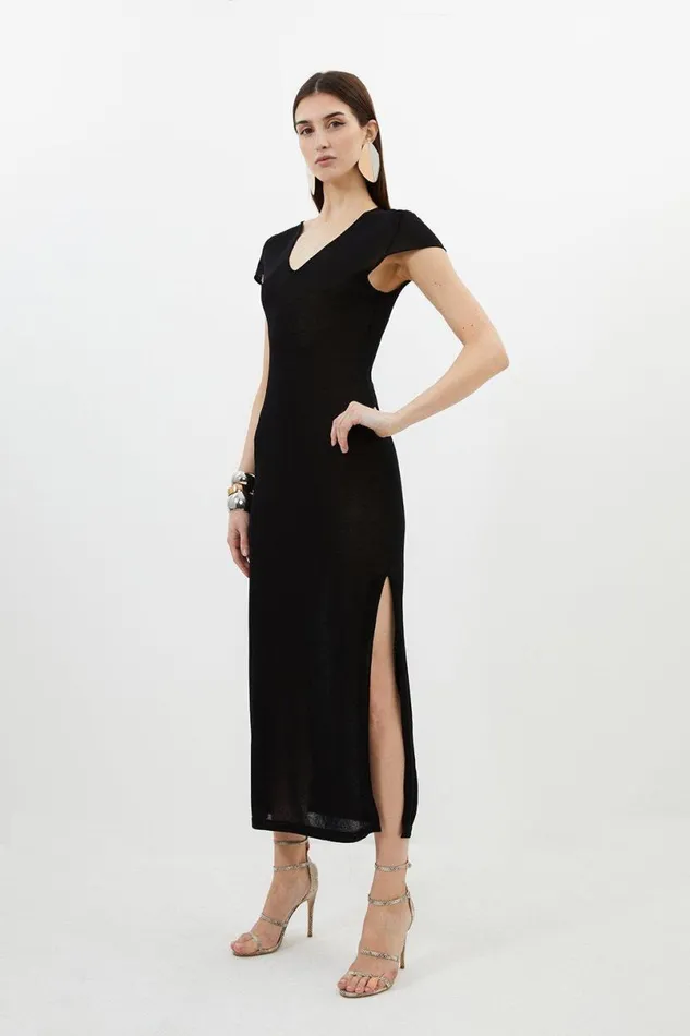 V Neck Cap Sleeve Summer Knit Column Dress Black Women Karen Millen Dresses
