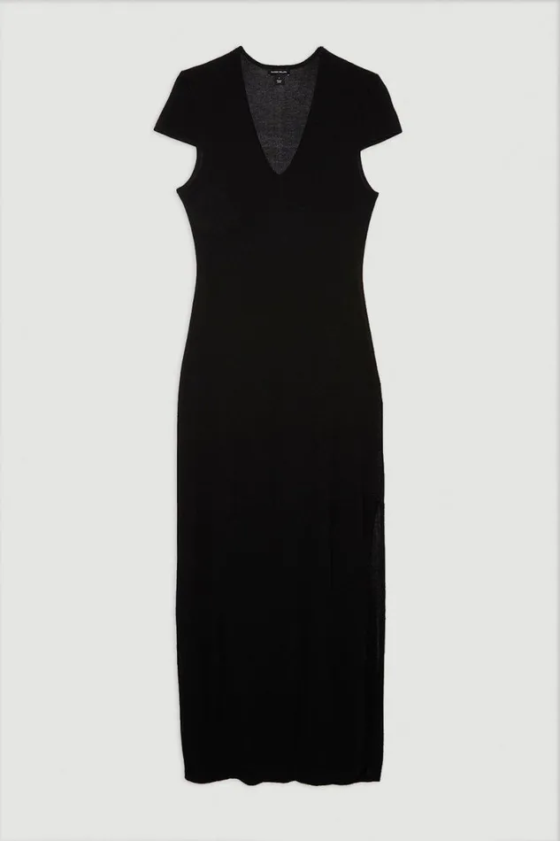 V Neck Cap Sleeve Summer Knit Column Dress Black Women Karen Millen Dresses