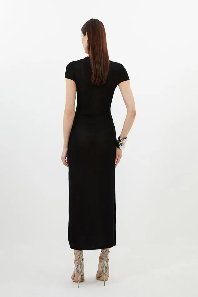 V Neck Cap Sleeve Summer Knit Column Dress Black Women Karen Millen Dresses