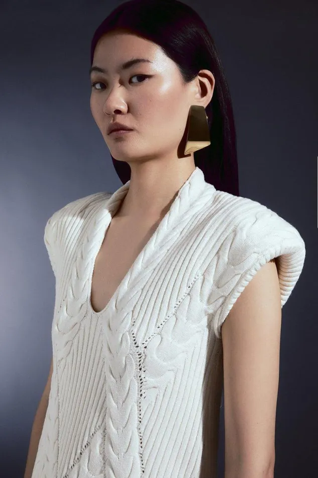 Viscose Blend Cable Knit Deep V Longline Jumper Ivory Women Karen Millen Knitwear