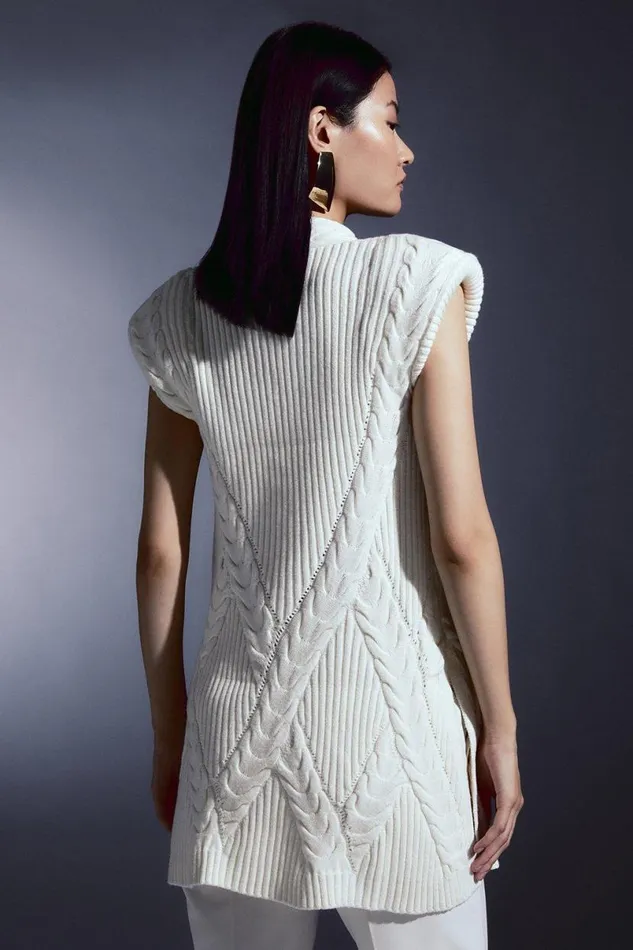 Viscose Blend Cable Knit Deep V Longline Jumper Ivory Women Karen Millen Knitwear