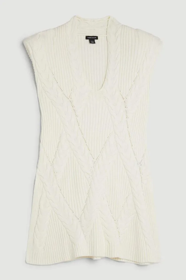 Viscose Blend Cable Knit Deep V Longline Jumper Ivory Women Karen Millen Knitwear