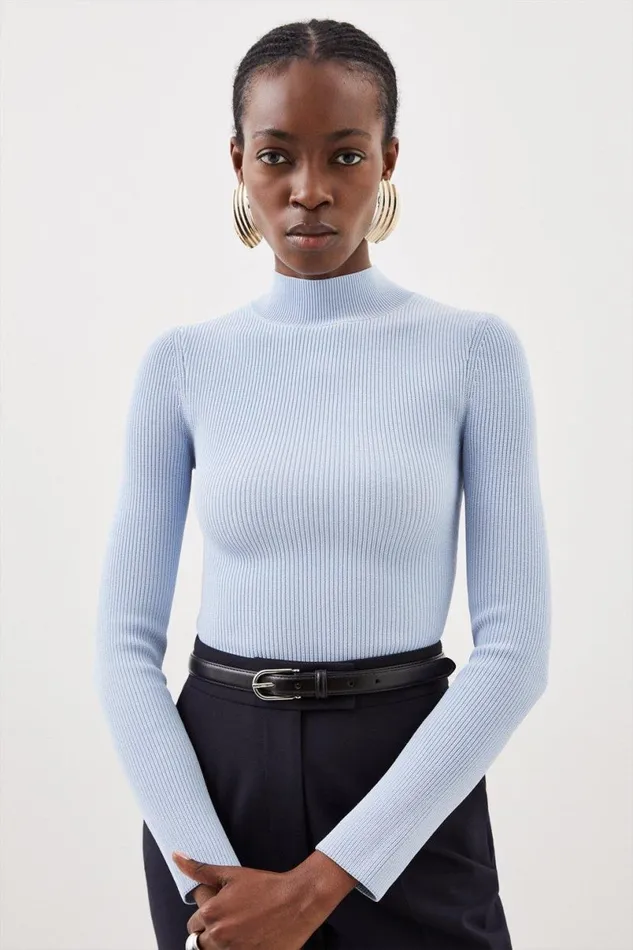 Viscose Blend Compact Rib Knit Funnel Neck Jumper Women Karen Millen Knitwear