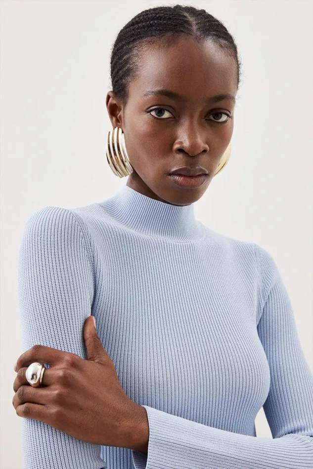 Viscose Blend Compact Rib Knit Funnel Neck Jumper Women Karen Millen Knitwear