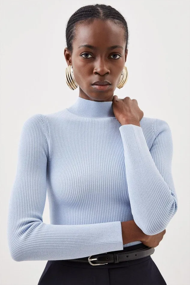 Viscose Blend Compact Rib Knit Funnel Neck Jumper Women Karen Millen Knitwear