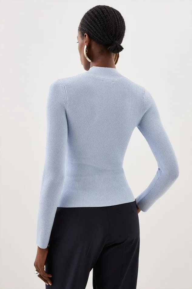 Viscose Blend Compact Rib Knit Funnel Neck Jumper Women Karen Millen Knitwear