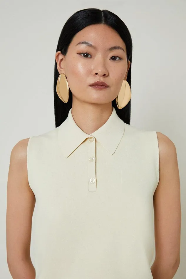 Viscose Blend Milano Knit Polo Top Stone Women Karen Millen Tops