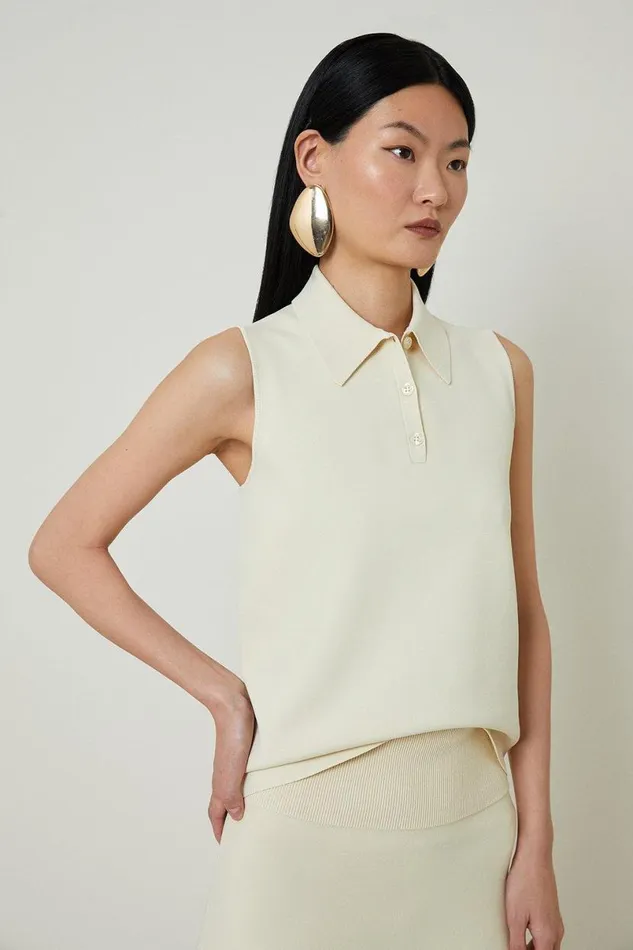 Viscose Blend Milano Knit Polo Top Stone Women Karen Millen Tops
