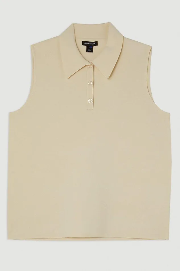 Viscose Blend Milano Knit Polo Top Stone Women Karen Millen Tops