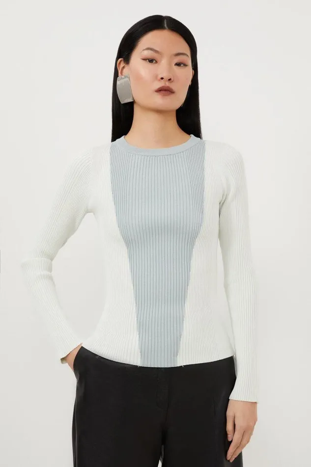 Viscose Blend Rib Knit Colour Block Top Ivory Women Karen Millen Tops
