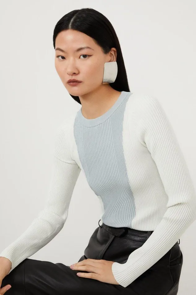 Viscose Blend Rib Knit Colour Block Top Ivory Women Karen Millen Tops