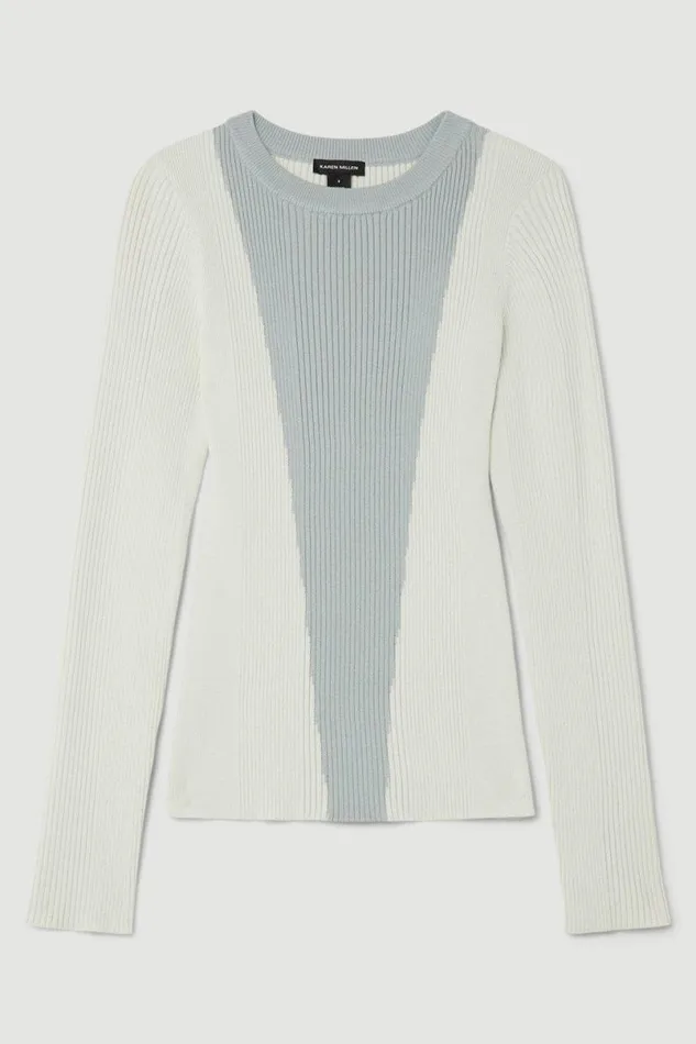 Viscose Blend Rib Knit Colour Block Top Ivory Women Karen Millen Tops