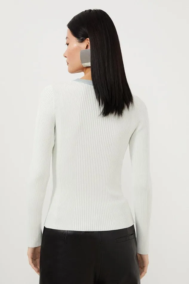 Viscose Blend Rib Knit Colour Block Top Ivory Women Karen Millen Tops