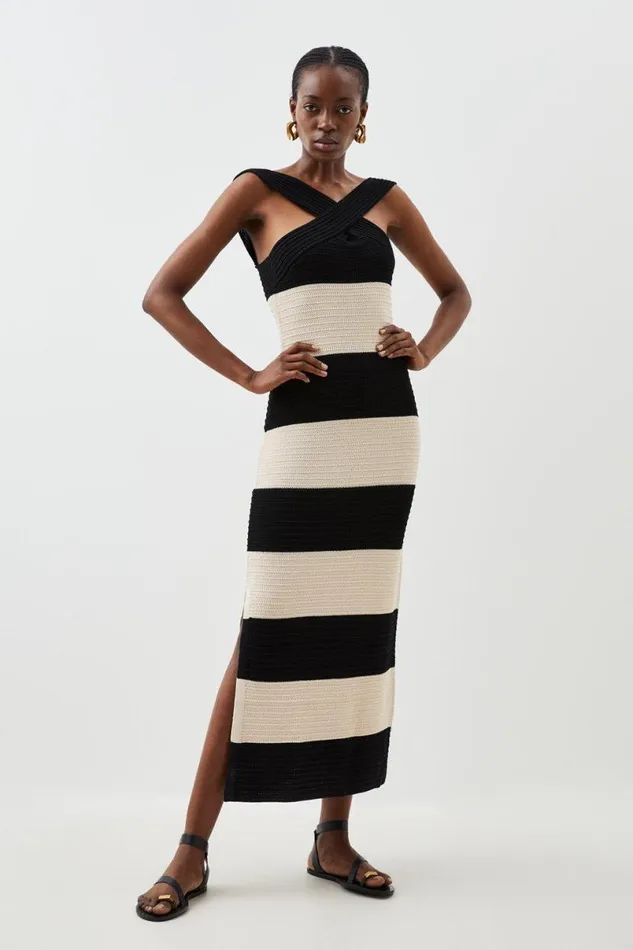 Viscose Blend Striped Cross Front Knit Midi Dress Mono Women Karen Millen Dresses