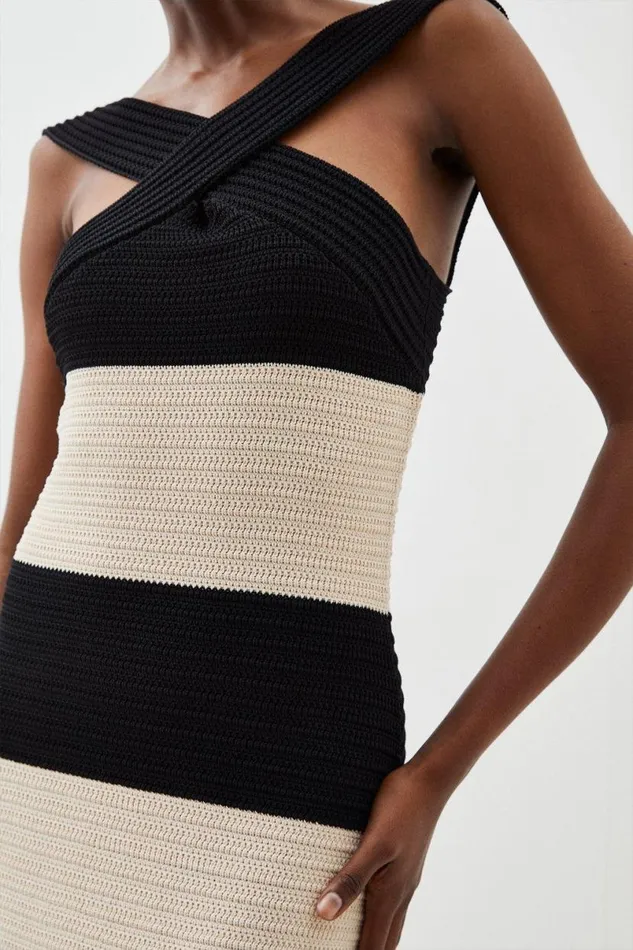 Viscose Blend Striped Cross Front Knit Midi Dress Mono Women Karen Millen Dresses