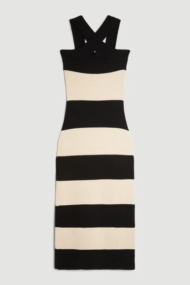 Viscose Blend Striped Cross Front Knit Midi Dress Mono Women Karen Millen Dresses