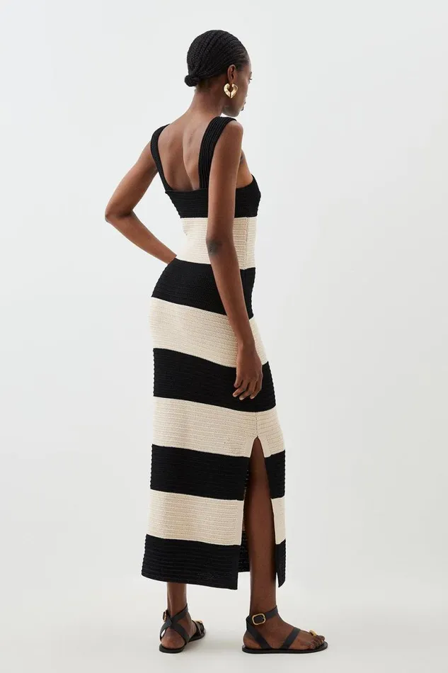 Viscose Blend Striped Cross Front Knit Midi Dress Mono Women Karen Millen Dresses