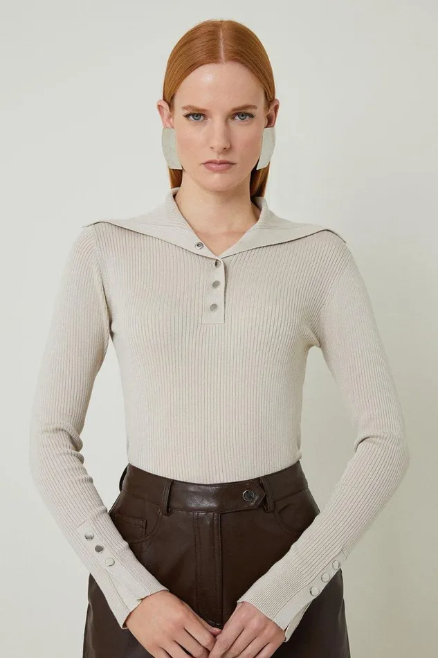 Viscose Blend Trimmed Collared Knit Top Stone Women Karen Millen Tops