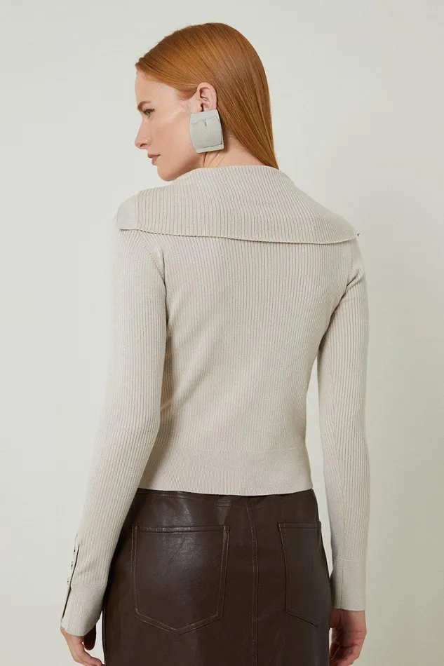 Viscose Blend Trimmed Collared Knit Top Stone Women Karen Millen Tops