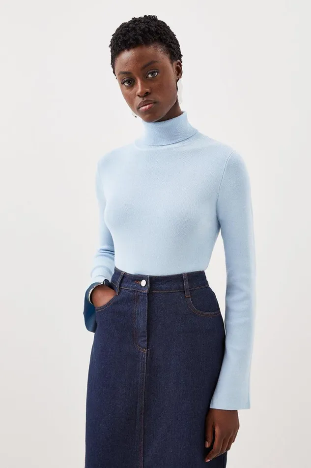Viscose Blend Turtle Neck Knit Jumper Pale Blue Women Karen Millen Knitwear