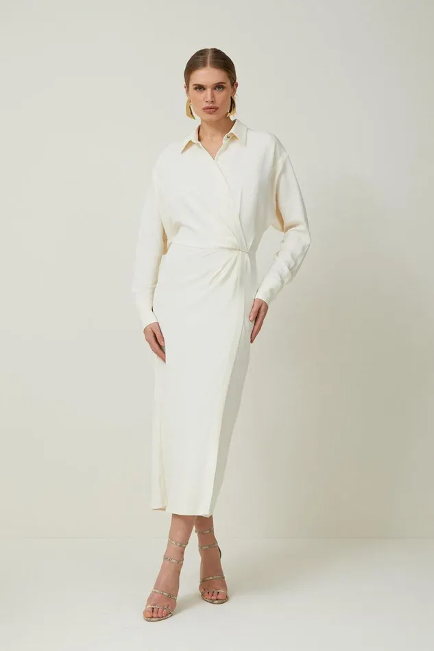 Viscose Crepe Long Sleeve Woven Midi Shirt Dress Cream Women Karen Millen Dresses