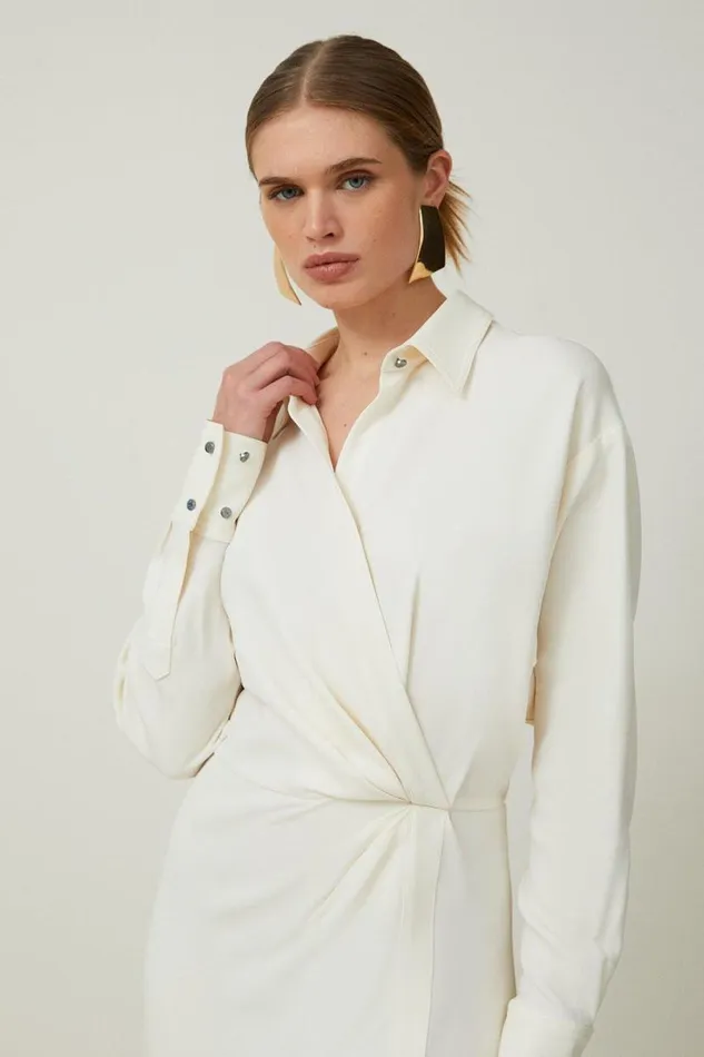 Viscose Crepe Long Sleeve Woven Midi Shirt Dress Cream Women Karen Millen Dresses