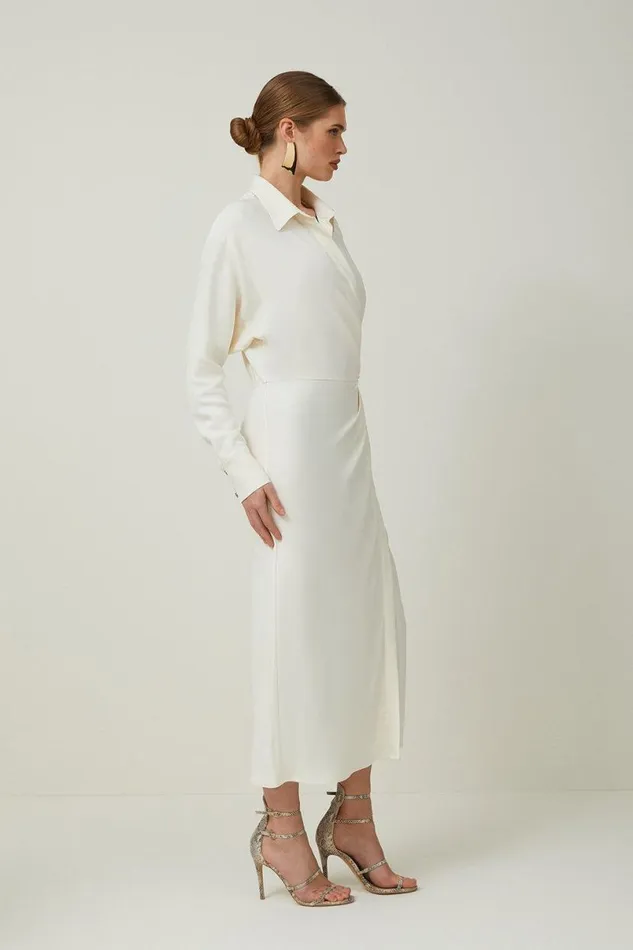 Viscose Crepe Long Sleeve Woven Midi Shirt Dress Cream Women Karen Millen Dresses