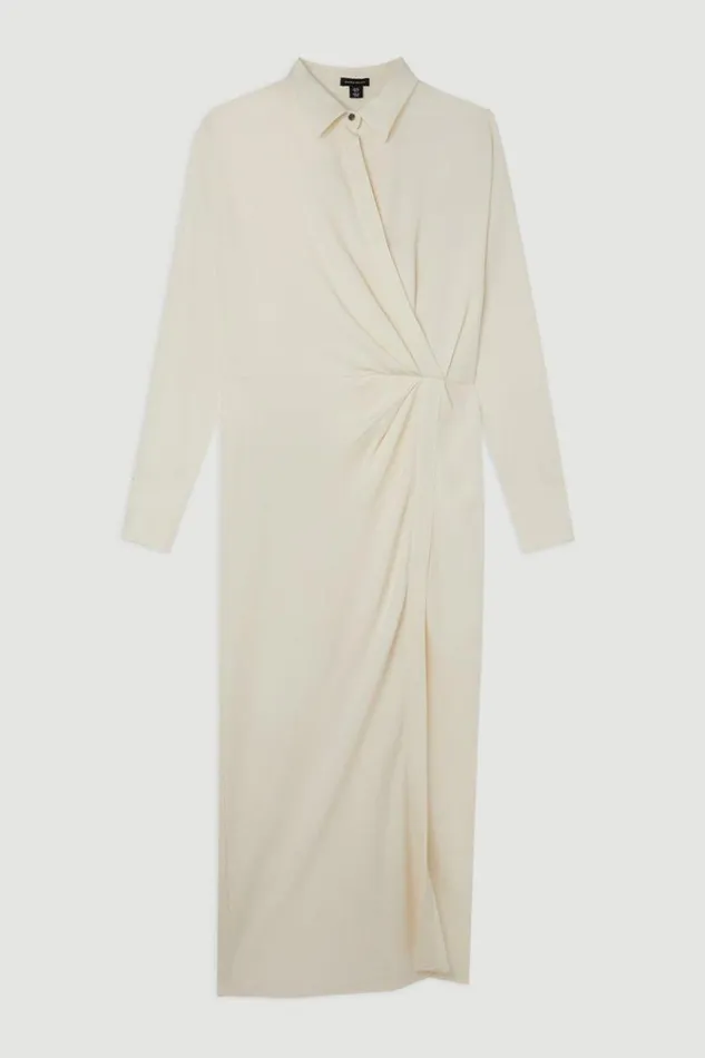 Viscose Crepe Long Sleeve Woven Midi Shirt Dress Cream Women Karen Millen Dresses