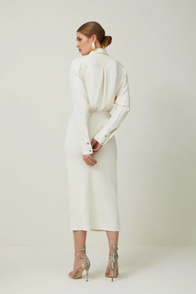 Viscose Crepe Long Sleeve Woven Midi Shirt Dress Cream Women Karen Millen Dresses