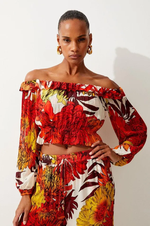 Viscose Georgette Border Print Beach Set Orange Women Karen Millen CoOrds