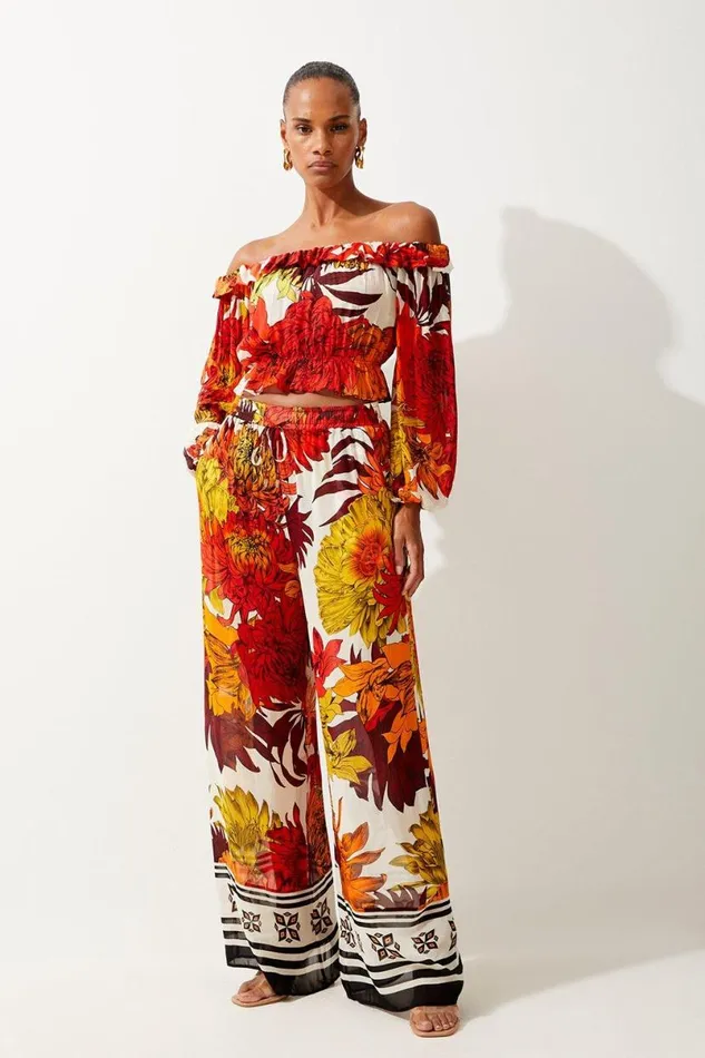 Viscose Georgette Border Print Beach Set Orange Women Karen Millen CoOrds