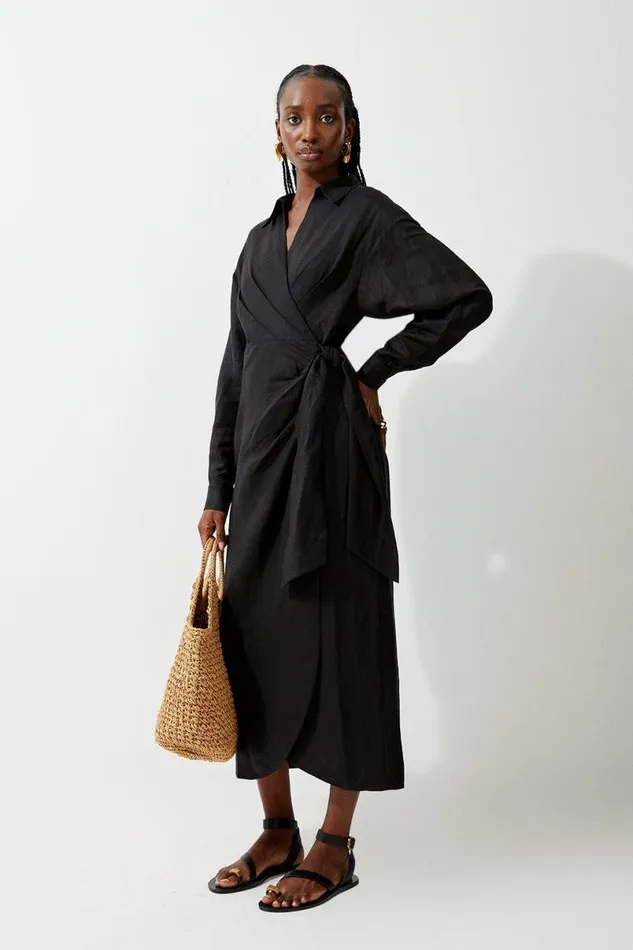 Viscose Linen Woven Tie Wrap Maxi Shirt Dress Black Women Karen Millen Dresses