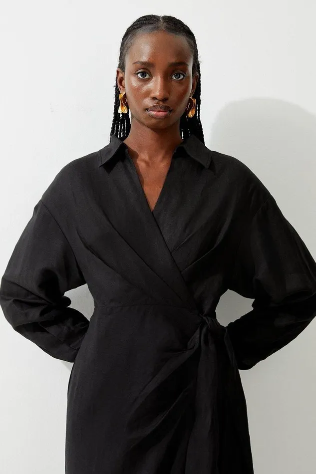 Viscose Linen Woven Tie Wrap Maxi Shirt Dress Black Women Karen Millen Dresses