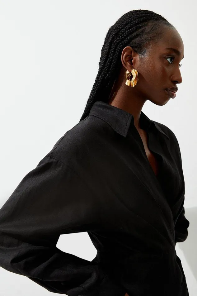 Viscose Linen Woven Tie Wrap Maxi Shirt Dress Black Women Karen Millen Dresses