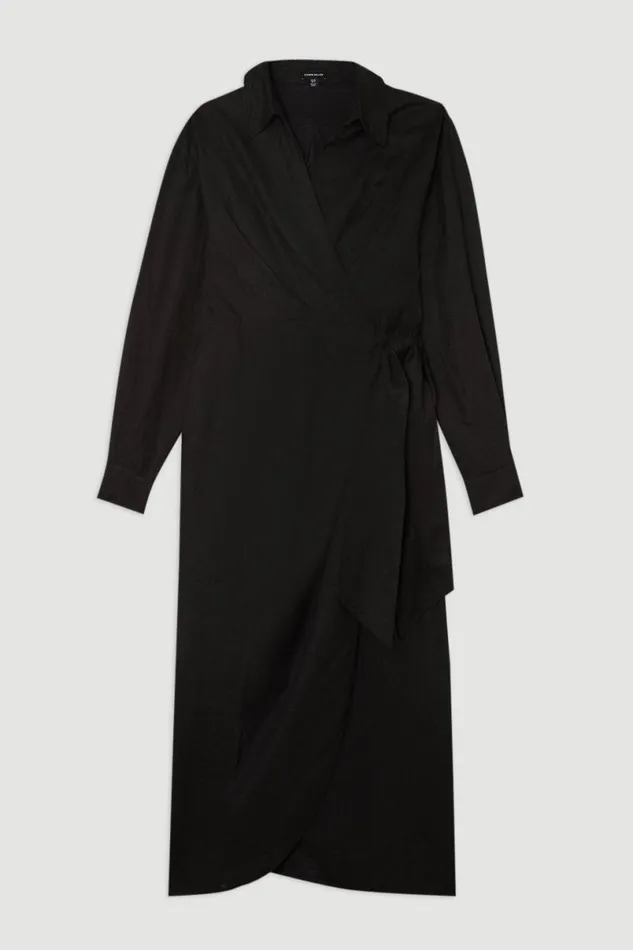 Viscose Linen Woven Tie Wrap Maxi Shirt Dress Black Women Karen Millen Dresses