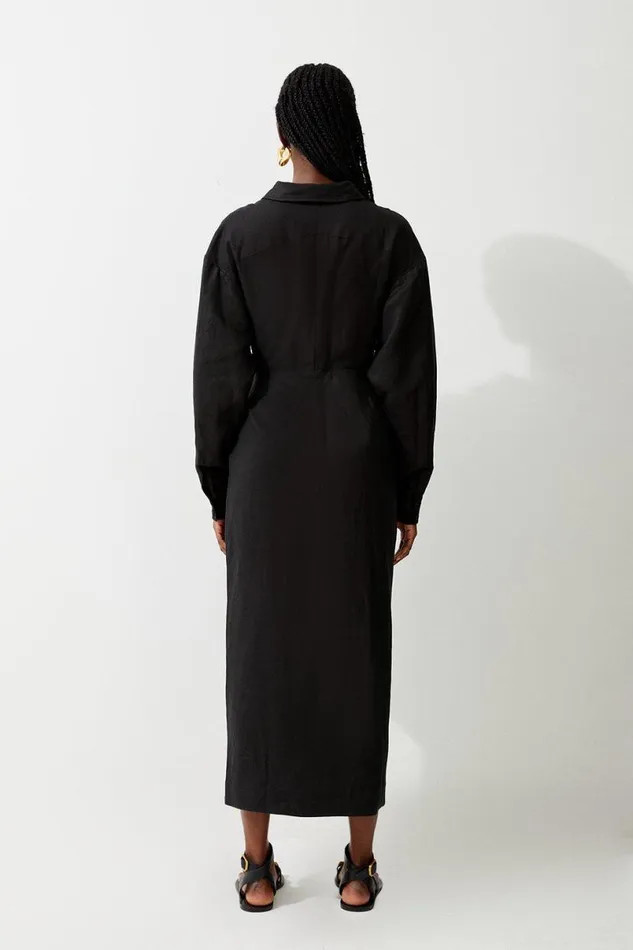 Viscose Linen Woven Tie Wrap Maxi Shirt Dress Black Women Karen Millen Dresses