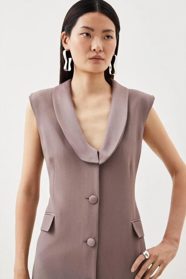 Viscose Satin Back Crepe Tailored Sleeveless Tux Dress Mushroom Women Karen Millen Dresses