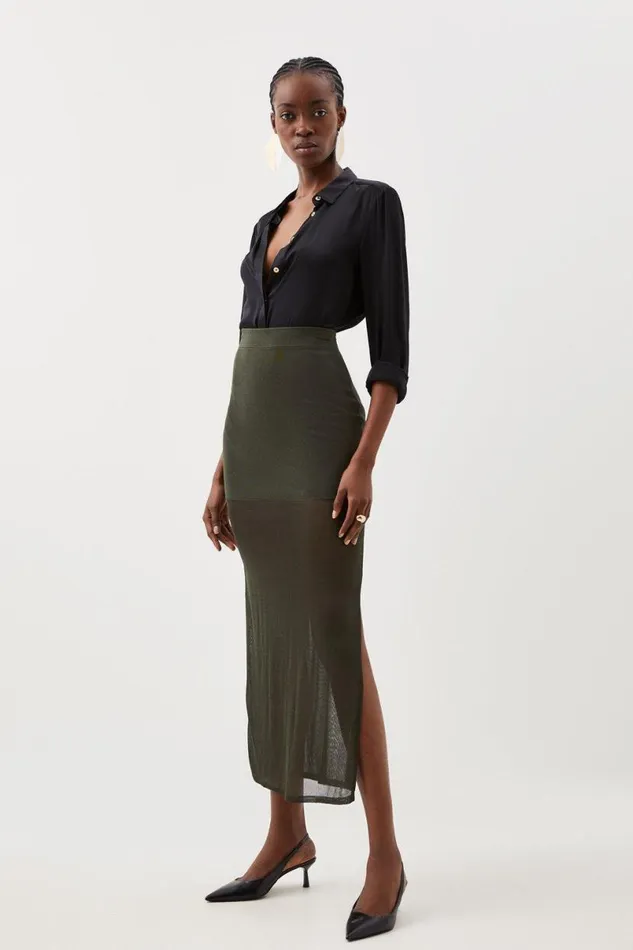 Viscose Sheer Knit Midaxi Skirt Olive Women Karen Millen Dresses