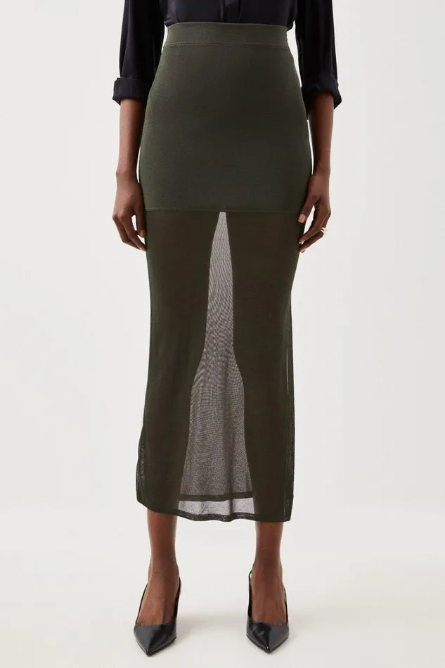 Viscose Sheer Knit Midaxi Skirt Olive Women Karen Millen Dresses