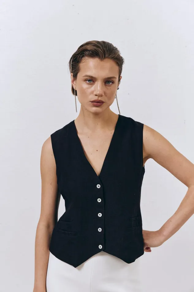 VRG GRL Vests Women Italian Streets Linen Vest Black