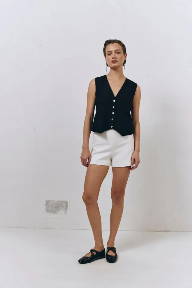 VRG GRL Vests Women Italian Streets Linen Vest Black VRG GRL Vests Women Italian Streets Linen Vest Black