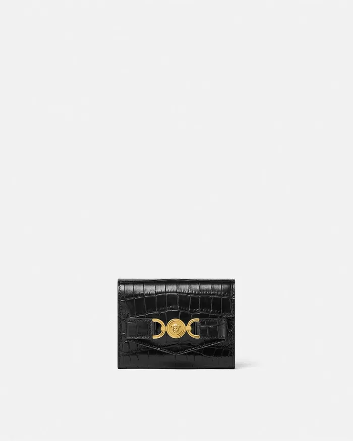 Wallets Women Versace CrocEffect Medusa 03995 Trifold Wallet Blackgold