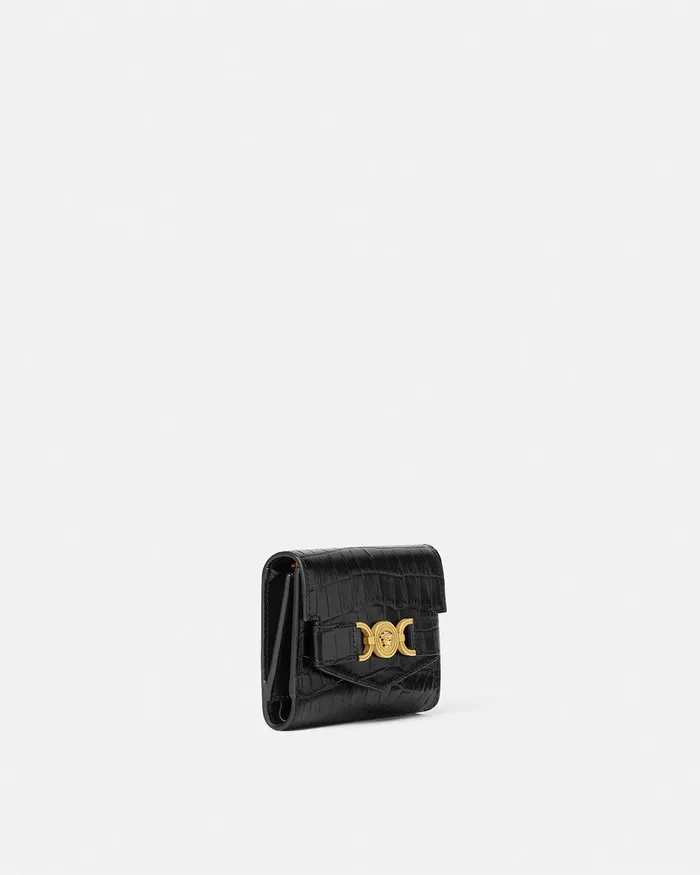 Wallets Women Versace CrocEffect Medusa 03995 Trifold Wallet Blackgold
