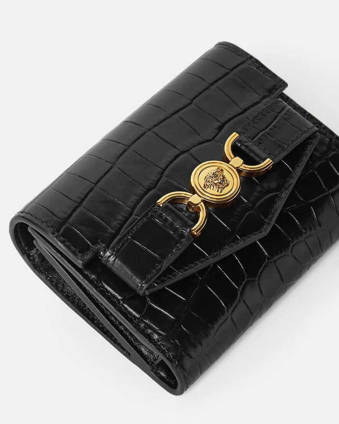 Wallets Women Versace CrocEffect Medusa 03995 Trifold Wallet Blackgold