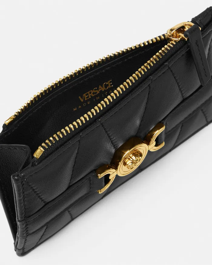 Wallets Women Versace Medusa 03995 Quilted Zip Card Holder Blackgold