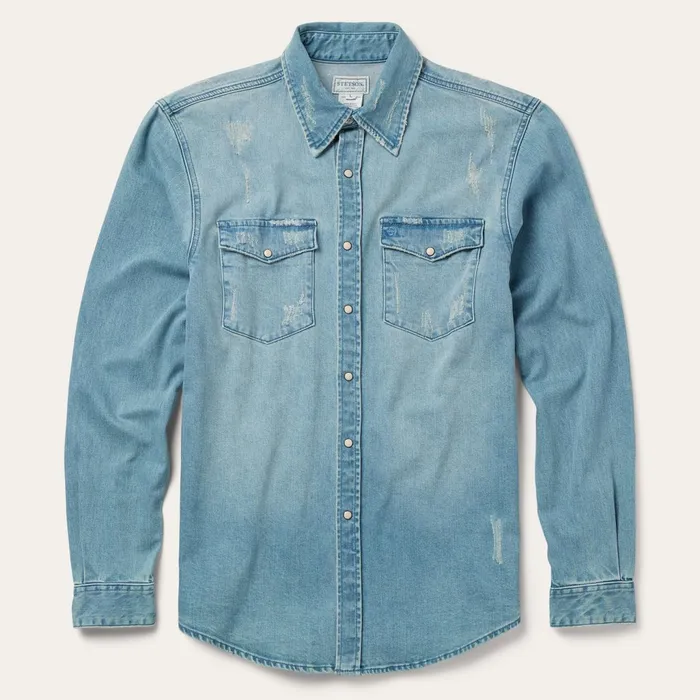 Western Shirts Men Stetson Distressed Denim Western Shirt Blue