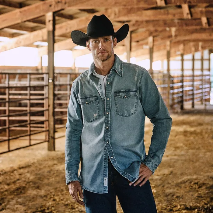 Western Shirts Men Stetson Distressed Denim Western Shirt Blue