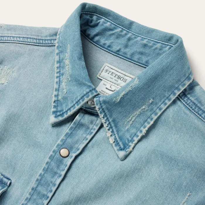 Western Shirts Men Stetson Distressed Denim Western Shirt Blue