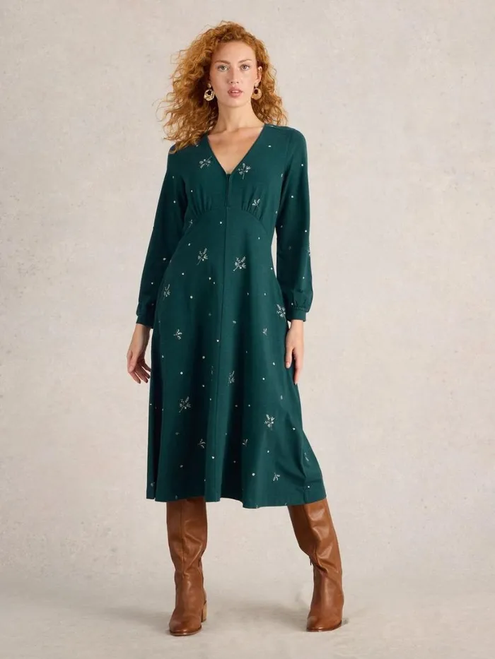 White Stuff Dresses Megan Embroidered Midi Jersey Dress Teal Multi 8211 Women